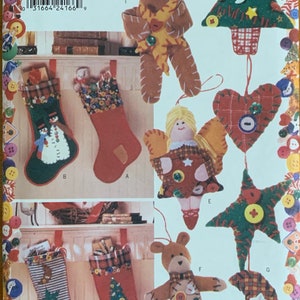May include: A vintage sewing pattern for making Christmas ornaments. The pattern includes instructions for making a gingerbread man, a Christmas tree, a heart, a star, a teddy bear, and a crescent moon. The pattern is from Butterick and has the number 4662 on it.