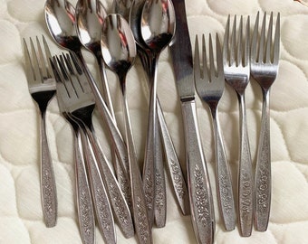 Vintage Simeon and Rogers Spring Ballad Spare 14 Pc Stainless Flatware Set, Knife Forks Ice Tea Spoons