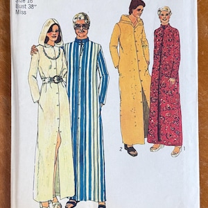 May include: Simplicity sewing pattern 6060 for a size 16, 38-inch bust miss garment. The envelope features illustrations of four long robes, including a hooded cream robe with a belt, a blue and white striped robe, a yellow hooded robe, and a red floral robe.