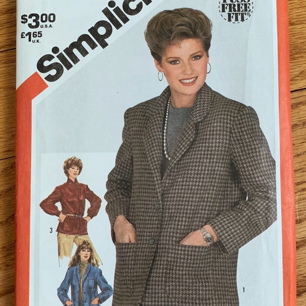 Vintage 1980s Sewing Pattern, b38" Womens Unlined Jackets, Buttoned Front Semi Fitted Jacket, Simplicity 5664 UNCUT