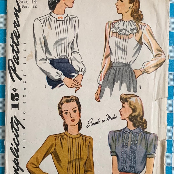 Vintage 1940s Womens Sewing Pattern, b32" Womens Pintuck Blouses, Simplicity 4556