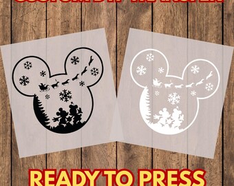 Christmas Mouse Silhouette DTF Transfer, Holiday Sleigh Snowflakes Heat Press Print, Ready To Press Iron On