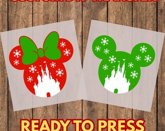 Christmas Mouse Castle DTF Transfer, Red and Green Snowflake Iron On Heat Press Design for Apparel