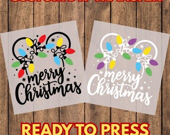 Merry Christmas Mouse Ears DTF Transfer, Holiday Light Bulb Graphic, Ready to Press Heat Transfer for Shirts