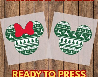 Green Christmas Mouse Ears DTF Transfer, Holiday Reindeer Pattern Ready to Press Heat Transfer
