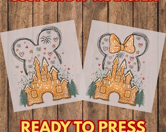 Gingerbread Castle Mouse Ears DTF Transfer, Holiday Theme Ready To Press Heat Transfer for T-Shirts