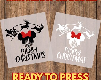 Merry Christmas DTF Transfer, Mouse Ears Holiday Iron On, Santa Sleigh Ready To Press Heat Transfer