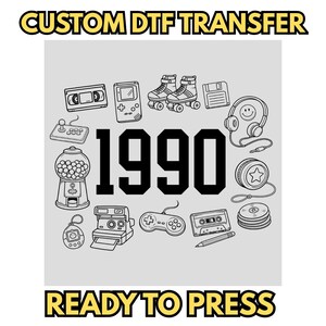 Vintage 1990 Retro Aesthetic DTF Transfer, 90s Nostalgia Objects Ready to Press Heat Transfer for T-Shirts