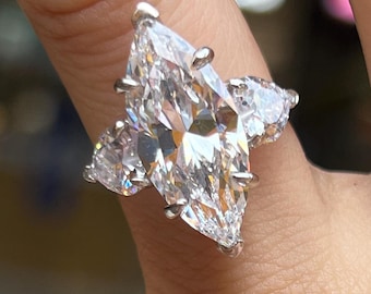 Marquise Cluster Diamond Ring, Unique Three-Stone Engagement Ring, Statement White Gold Ring, Sparkling Marquise Bridal Ring