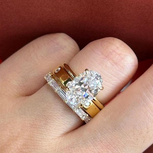 3 CT Oval Cut Moissanite Engagement Ring Set 14K Gold Bridal Ring Set For Her Wedding Ring With Round Flush Set Matching Band Women Gift