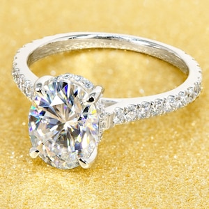 4.00 CT Classic Vintage Style Oval Moissanite Ring, Oval Cut Solitaire Diamond Ring, Gorgeous Hidden Halo Anniversary Ring, White Gold Ring