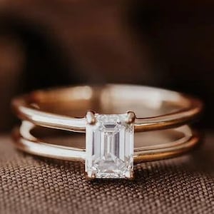 Emerald Cut Moissanite Verlovingsring, Emerald Cut Double Band Ring, Two Band Solitaire Trouwring Dual Shank Jubileumringen voor vrouwen