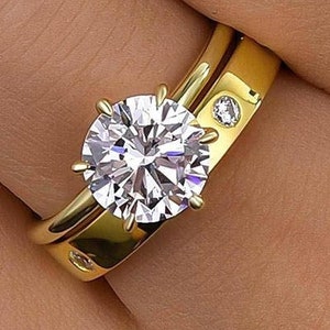 2 CT Round Cut Moissanite Engagement Ring Set 14K Gold Bridal Ring Set For Her Wedding Ring With Round Flush Set Matching Band Women Gift