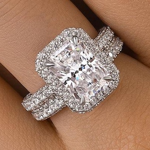 3 Carat Radiant Cut Custom Engagement Ring Set 14K Solid White Gold Rectangular Wedding Ring Set, Halo Engagement Rings Set