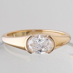 East-West Oval Cut Half Bezel Set Ring,1.50 CT Oval Cut Rubover Engagement Ring,14K Solid Yellow Gold Ring,Wedding Promise Ring,Gift For Her