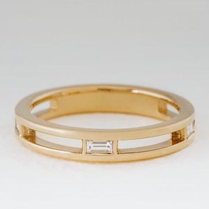 Anello con 3 diamanti baguette, fascia unica con diamanti baguette, fede nuziale in moissanite per donna, regalo di promessa nuziale per lei, anello in oro bianco 14k