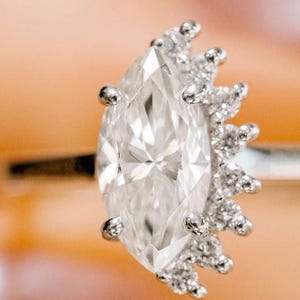 Vintage Style Marquise Cut Moissanite Diamond Solid Gold Engagement Ring, Unique Half Halo Wedding Ring, 14K Gold Anniversary Ring For Women