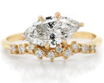 Marquise Cut Moissanite Ring, Gold Cluster Engagement Ring, Asymmetrical Diamond Side Ring, Unique Marquise Solitaire Ring, Gift for Her