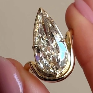 Pear Cut Yellow Moissanite Engagement Ring, Unique Wave Gold Solitaire Ring, Modern Bezel Design Statement Ring for Her
