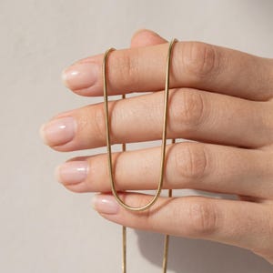 Puede incluir: Un collar de cadena de serpiente en tono dorado con una superficie metálica lisa, flexible y redondeada. La cadena está compuesta por eslabones entrelazados que crean una apariencia continua, elegante y uniforme con acabado pulido.