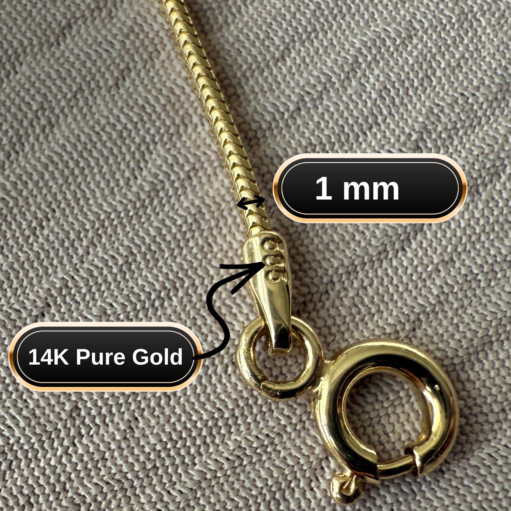 14Kソリッドゴールドスネークチェーンネックレス、本物の1mmの繊細な
