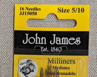 May include: A yellow and white packet containing 16 size 5/10 needles for millinery, modistes, and modismennadeln. The packet is labelled "John James Est. 1840" and "Finest Quality Needles Lorna Bateman Embroidery".