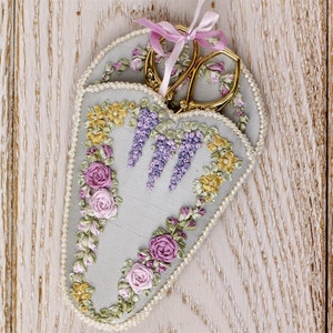 Silk Ribbon Embroidery - Roses & Wisteria Heart Victorian Scissor keeper - Silk ribbon full kit image 2