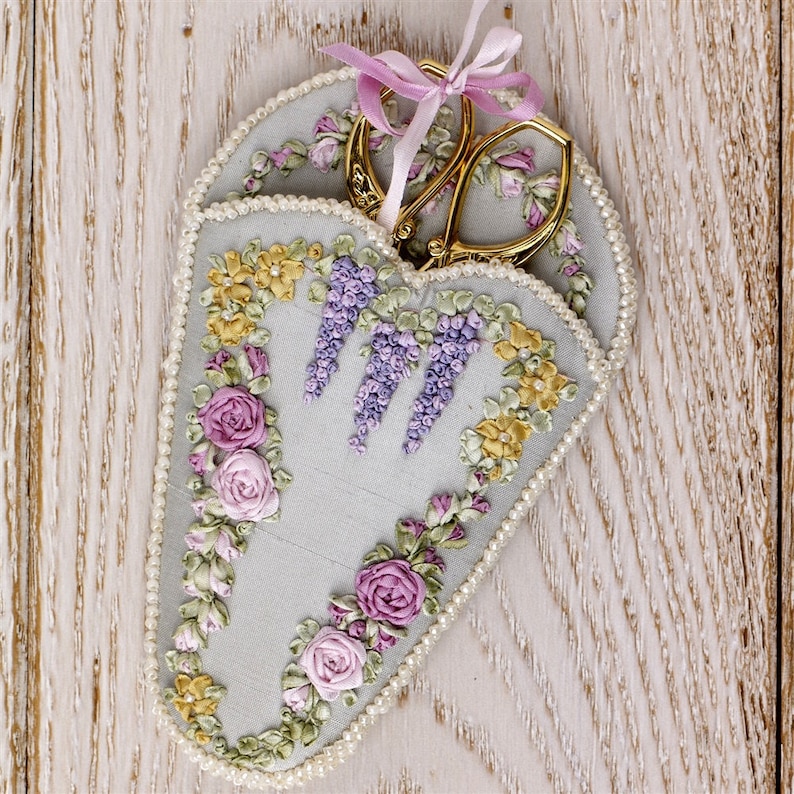Silk Ribbon Embroidery - Roses & Wisteria Heart Victorian Scissor keeper - Silk ribbon full kit image 2