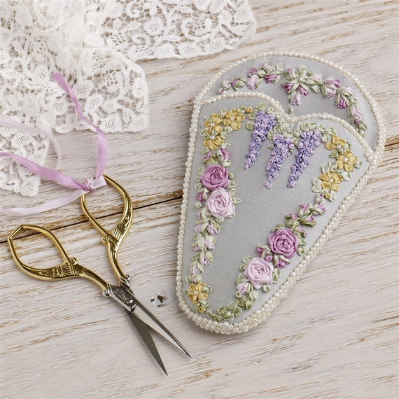 Silk Ribbon Embroidery - Roses & Wisteria Heart Victorian Scissor keeper - Silk ribbon full kit