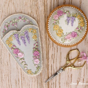 Silk Ribbon Embroidery - Roses & Wisteria Heart Victorian Scissor keeper - Silk ribbon full kit image 3