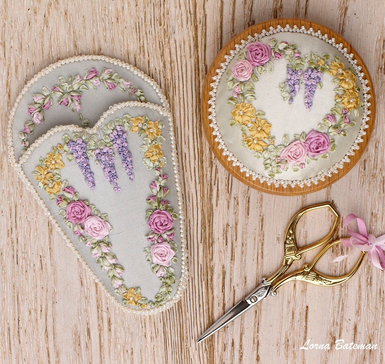 Silk Ribbon Embroidery - Roses & Wisteria Heart Victorian Scissor keeper - Silk ribbon full kit image 3