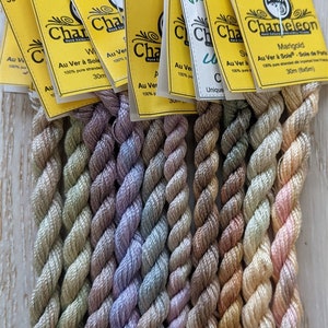 May include: A collection of eight spools of Au Ver à Soie embroidery floss in various shades of green, purple, brown, and pink. Each spool is labelled with the brand name "Chameleon" and a number. The spools are arranged in a row, with the numbers increasing from left to right.