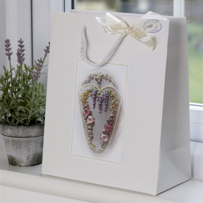 Silk Ribbon Embroidery - Roses & Wisteria Heart Victorian Scissor keeper - Silk ribbon full kit image 4