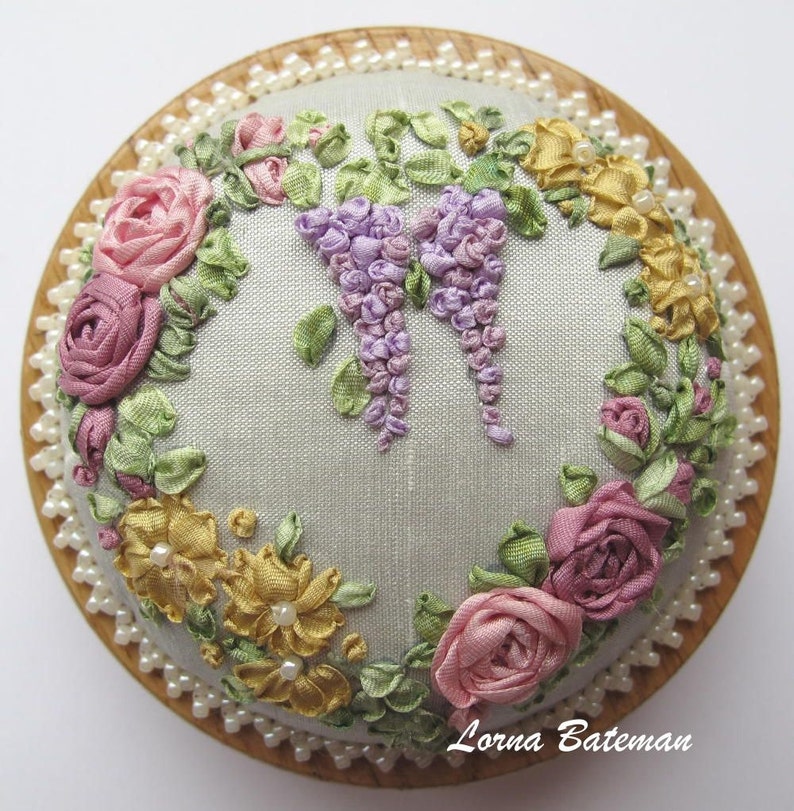 Silk Ribbon Embroidery Roses and Wisteria Heart Victorian image 3