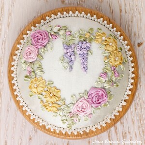 Silk Ribbon Embroidery - Roses & Wisteria Heart Victorian Scissor keeper - Silk ribbon full kit image 6