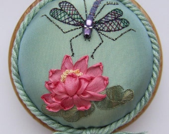 PP12 Dragonfly on Waterlily Pale pink pincushion Pattern and Print - Ribbons, threads and pincushion base NOT included