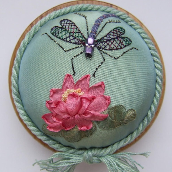 PP12 Dragonfly on Waterlily Pale pink pincushion Pattern and Print - Ribbons, threads and pincushion base NOT included