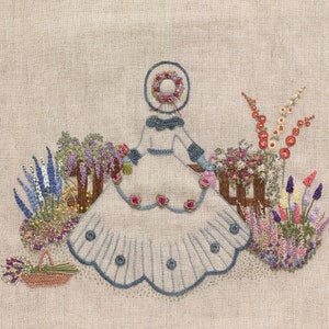 Embroidered Country Gardens - Vintage Gardener Picture for framing - Pattern & Print - Threads NOT included