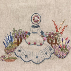 Embroidered Country Gardens Vintage Gardener Picture for framing Pattern & Print Threads NOT included image 1