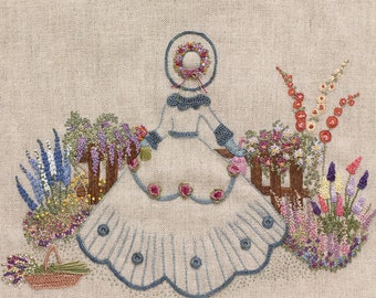 Embroidered Country Gardens - Vintage Gardener Picture for framing - Pattern & Print - Threads NOT included