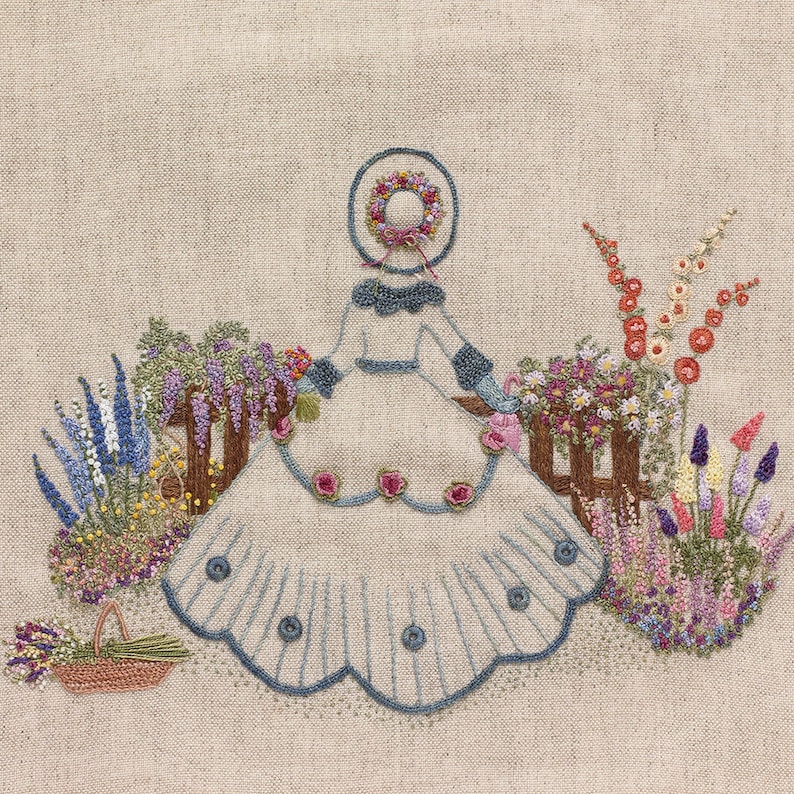 Embroidered Country Gardens Vintage Gardener Picture for framing Pattern & Print Threads NOT included image 1