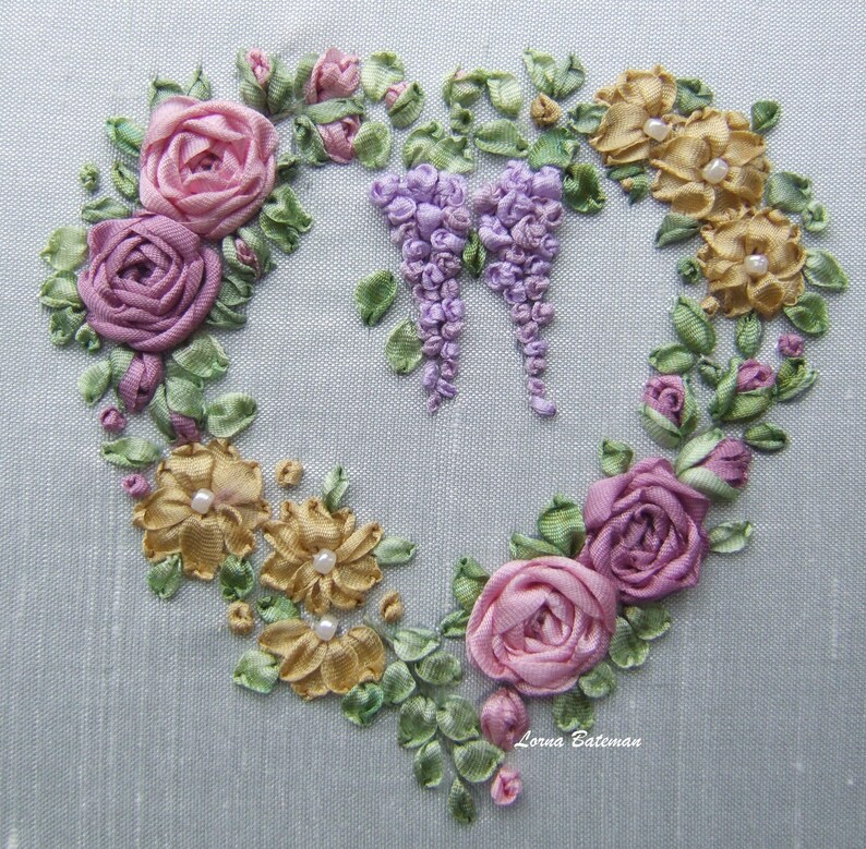 Silk Ribbon Embroidery Roses and Wisteria Heart Victorian image 2