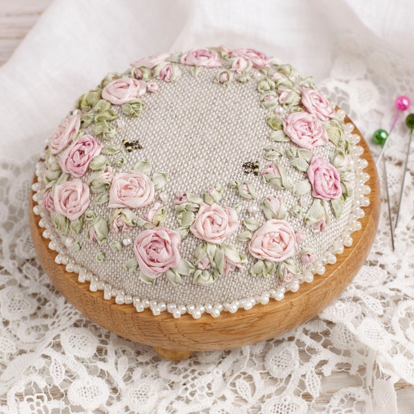 PP13 Roses & Pearls pincushion - Pattern and Print - Ribbons, threads and pincushion base NOT included