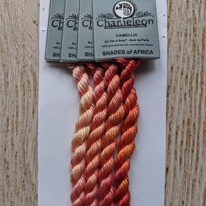 May include: A bundle of Chameleon hand-colored embroidery threads in shades of peach, coral, and orange. The threads are labeled "Camellia" and "Shades of Africa". The packaging indicates the threads are 100% pure stranded silk imported from France.