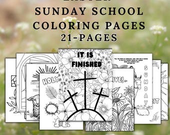May include: A collection of Easter Sunday School coloring pages. The pages feature line art illustrations of crosses, flowers, and religious themes. The text on the pages includes "IT IS FINISHED" and "HOLY". The product is an instant printable download.