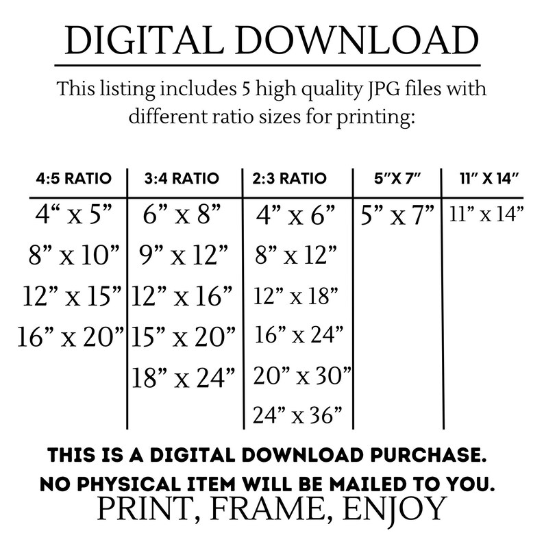 May include: Digital download image with text detailing print sizes in inches, including 4x5, 6x8, 8x10, 9x12, 12x15, 12x16, 16x20, 15x20, 18x24, 20x30, and 24x36. The text also states that it is a digital download purchase.