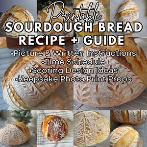 Op de afbeelding: Printbare zuurdesembrood recept en gids met afbeeldingen en schriftelijke instructies, een tijdschema, ideeën voor het insnijden en souvenirs om af te drukken. De afbeelding toont verschillende zuurdesembroden met verschillende insnijdesigns.