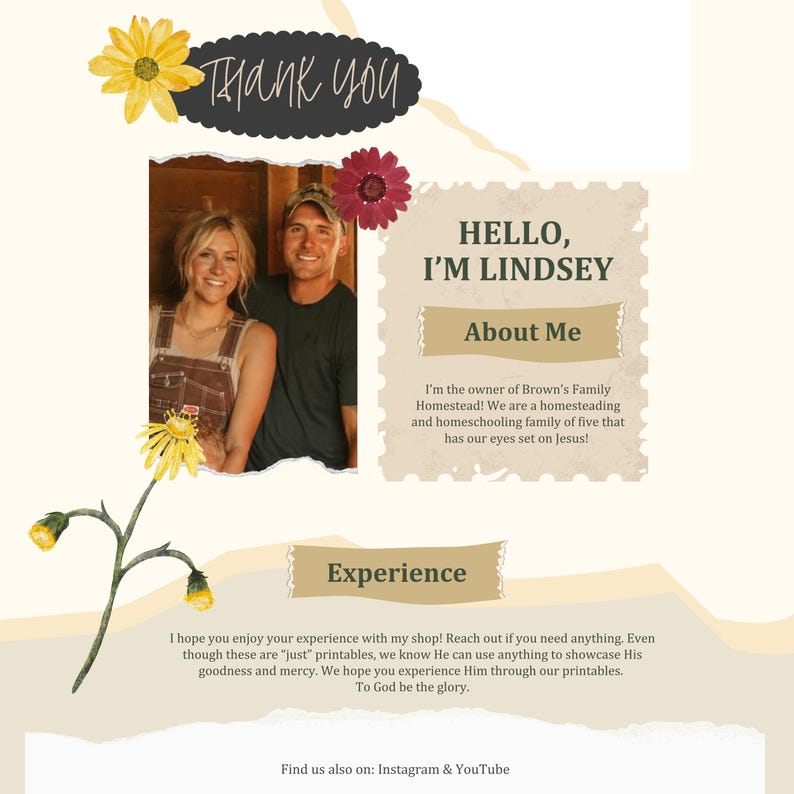 May include: A digital print featuring a photo of a smiling couple, with the text "Thank You" and "Hello, I'm Lindsey". The design includes floral accents and text about the shop owner and their family.