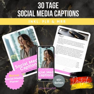 Könnte beinhalten: Ein digitales Produkt-Mockup mit einem rosa und weißen Design mit dem Text "30 Tage Social Media Captions" und "INKL. PLR & MRR". Das Mockup zeigt ein Tablet und ein Telefon mit dem Gesicht einer Frau auf dem Bildschirm. Der Text "Bonus Social Media Planner" befindet sich in einem rosa Kreis.