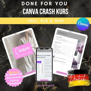 Könnte beinhalten: Ein digitales Produkt-Mockup mit einem Tablet und einem Smartphone, auf denen ein Canva Crash Kurs in deutscher Sprache angezeigt wird. Der Kurs beinhaltet 50 Bilder für ein Canva Template. Der Text auf dem Tablet lautet "Canva Crash Kurs" und "Inhalt". Der Text auf dem Smartphone lautet "Erstelle ich einen Canva Account".